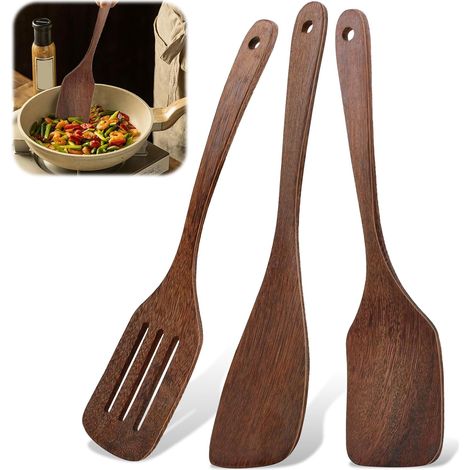 Lot de 3 spatules de cuisine en bois dur – Spatule à trous, spatule de cuisson et spatule d'angle, antiadhésives et durables pour toute cuisine (1/5)