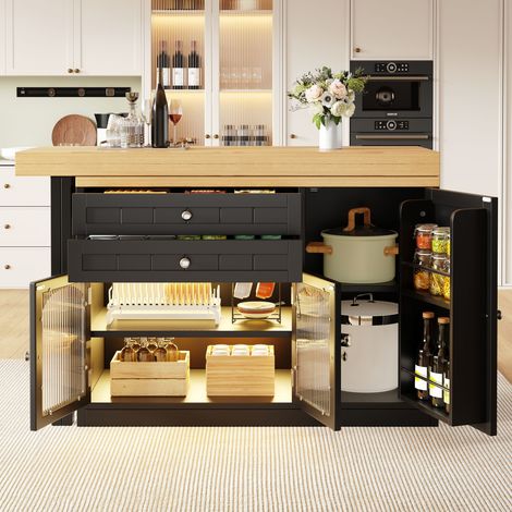 Îlot central de cuisine extensible avec plan de travail pivotant 360°, table repas réglable de 120 à 194 cm, meuble avec portes en verre, tiroirs et étagères, finition blanc et noir (1/5)