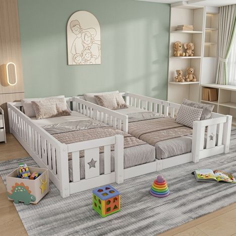 Lit au sol enfant 2x90x200 cm - Lit montessori avec sommier à lattes + barrière de sécurité - Lit double 2 places - Pin massif blanc
