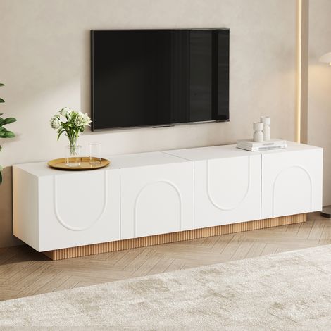 Meuble TV 170x38 cm avec 4 portes à relief arqué 3D, 4 compartiments, 2 passe-câbles et charnières amorties, MDF et panneaux de particules, Blanc (1/5)