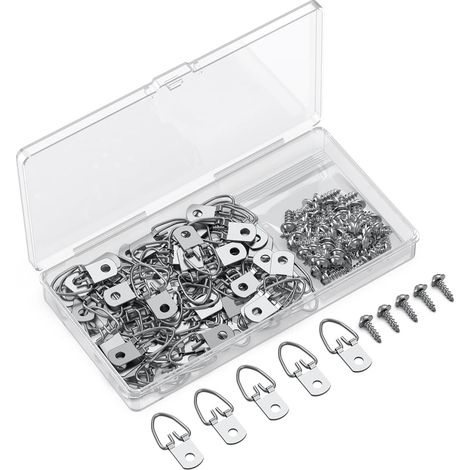 Lot de 60 anneaux en D avec vis, charge de 4,5 kg, matériel de suspension robuste, crochets à trou unique, anneaux en D pour accrocher des cadres photo, crochets en D pour peintures, miroirs (1/5)