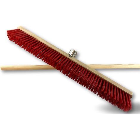 Balai d'atelier type cantonnier Piste Extérieur Longueur 80 cm Garnissage brosse PVC rouge Semelle bois Douille métal boulonnée Ø 28 mm Avec manche Kibros 2380BM