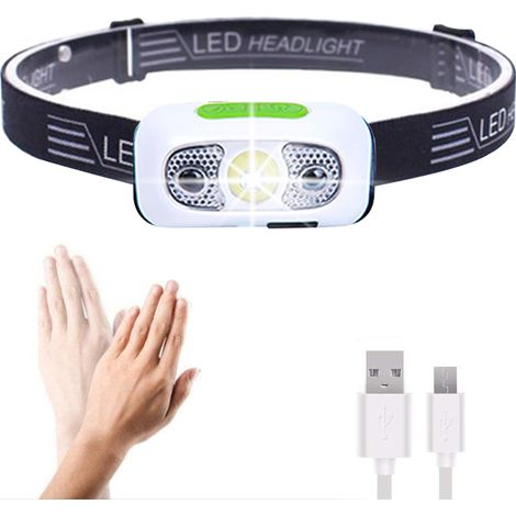 Lampe frontale LED rechargeable, ultra-lumineuse, légère et confortable, pour adultes et enfants, câble USB inclus, blanche. (1/5)