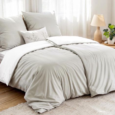 Bettwäsche Wendebettwäsche Mikrofaser 135x200 4teilig Beige Weiß (1/5)