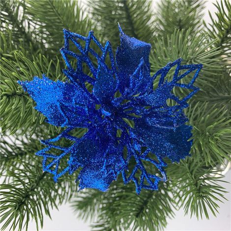 Künstliche Weihnachtssternblumen mit Pailletten, 12 Stück, zur Dekoration des Weihnachtsbaums (Königsblau, 16 cm) (1/5)