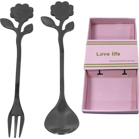Ensemble Cuillère Fourchette en Une Pièce, Poli Miroir, Style Élégant et Confortable pour Maison ou Cadeau - Noir