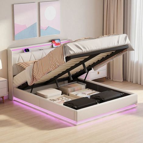 Cama 160x200 cm - 250505ZXY - USB - LED - Hidráulica - tela de terciopelo - marco de cama para adultos 160x200 cm - Blanco