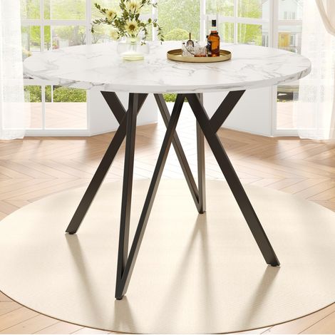 Tavolo pranzo 100x100x76 cm MDF effetto marmo nero, base geometrica metallo (1/5)