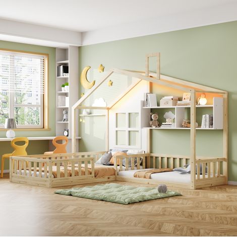 Cama cabaña infantil 90x200 cm con estantes y LED, natural, madera, sin colchón FloraGrace (1/5)