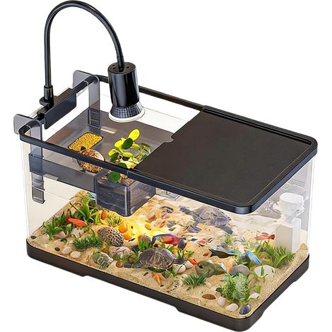 Terrarium Tortue avec Plateforme de Repos et Lampe, Aquarium Tortue Deau avec Plateforme de Repos Suspendue, Petit Terrariums pour Tortues avec Couvercle, Turtle Tank pour Reptiles Amphibiens