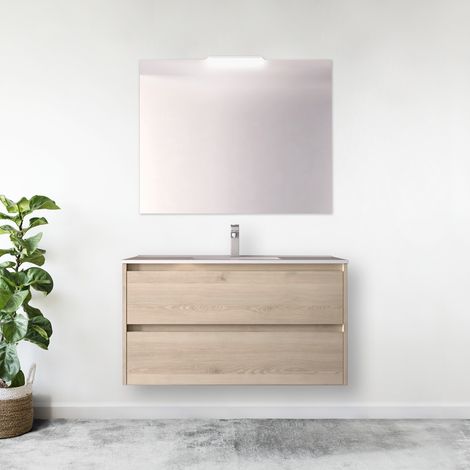 80 cm hängender Badezimmerschrank aus Naturholz mit eingebautem Waschbecken – Nova - mit spiegel und LED Lampe