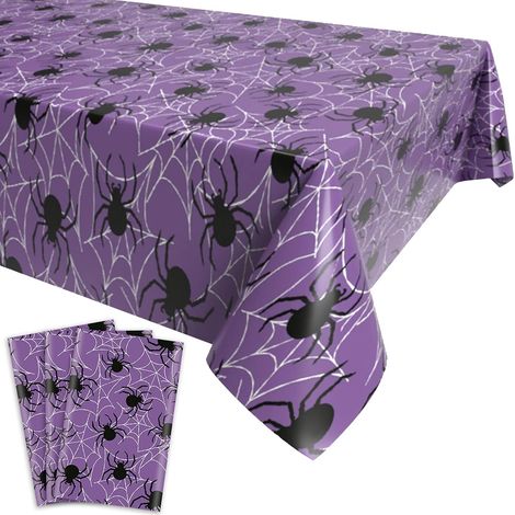 Nappe toile d'araignée Halloween, lot de 3 nappes rectangulaires jetables violettes en plastique (130 x 220 cm) - Imperméables, motif toile d'araignée, parfaites pour les décorations de fêtes d'Hallow (1/5)