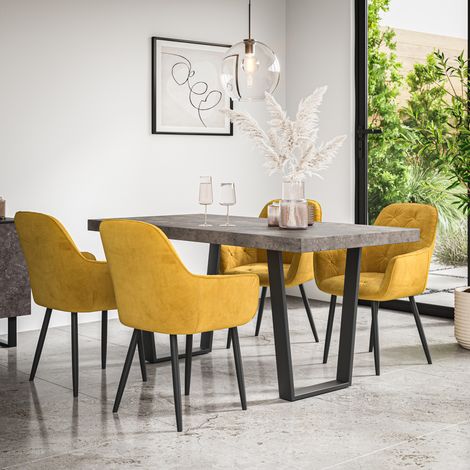 Aria Dining Table And Chairs - Grey Table Top w Black Legs + Anika Velvet Dining Chair Set Of 6 (Mustard) (1/5)