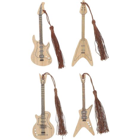 Lot de 4 marque-pages en bambou en forme de guitare avec pompons, pour la lecture (1/5)