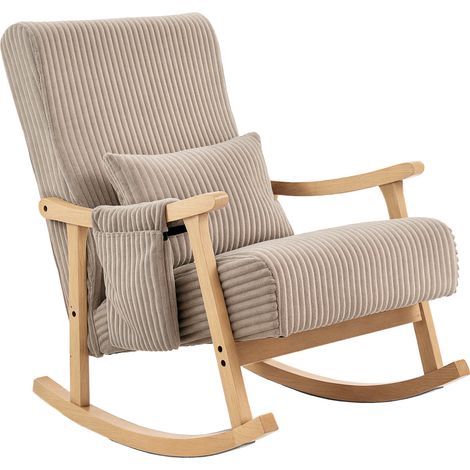 Fauteuil à bascule en velours côtelé avec coussin lombaire, pieds et accoudoirs en hévéa, poche, style moderne, marron clair (1/5)