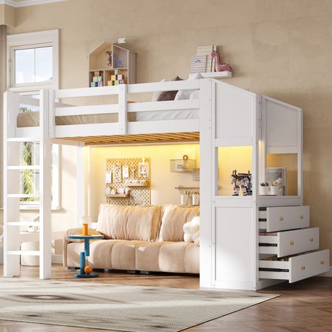 Lit mezzanine enfant 90x200cm, lit mezzanine 1 place, avec 3 tiroirs, bureau, étagères et LED , pin+MDF, blanc (1/5)