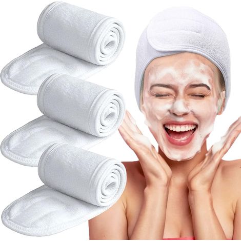 KOWOLL Bandeau de spa – Lot de 3 bandeaux faciaux ajustables, bandeaux de maquillage pour femmes, à utiliser sous la douche pour se laver le visage (blanc) (1/5)