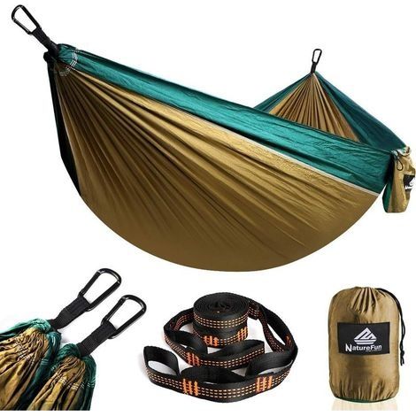 Hamac Ultra-léger de Voyage Camping 300 kg Capacité de Charge,(275 x 140 cm) Nylon à Parachutepour Jardin d'interieur/extérieur-Vert/Marron (1/5)