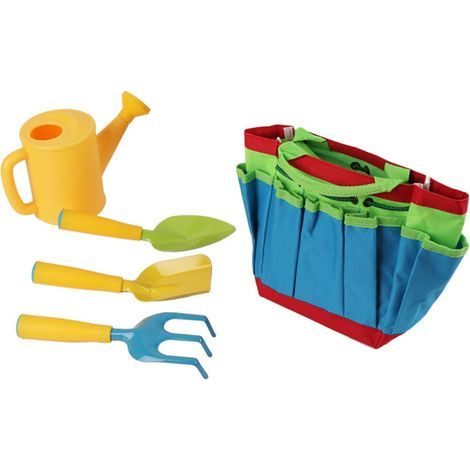 Kit d'outils de jardinage vert pour enfants – 5 pièces incluant un arrosoir, une pelle, un râteau, une fourche et un sac de transport – Un ensemble tout-en-un. (1/3)