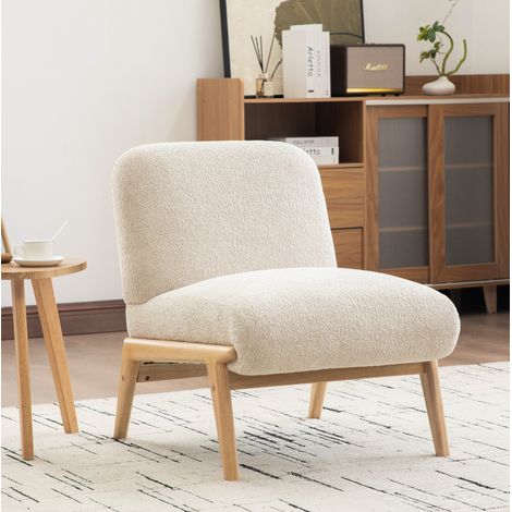 Poltrona lounge in tessuto chenille beige con gambe in legno, stile scandinavo 74x52x76 cm (1/5)