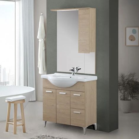 Mobile bagno a terra 85 cm rovere dolomite con pensile su specchio LED Desya (1/5)