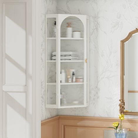 Meuble mural 56/40/105 cm blanc en métal et verre trempé, 4 étagères (1/5)