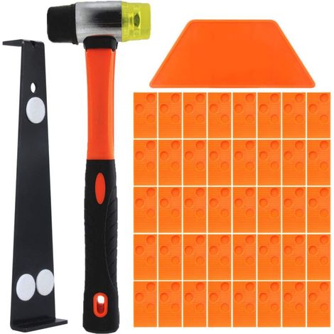 Kit per l'installazione di pavimenti in laminato. Questo kit include 40 distanziatori, un'asta di trazione resistente e un martello in fibra di vetro con impugnatura morbida antiscivolo. (1/5)