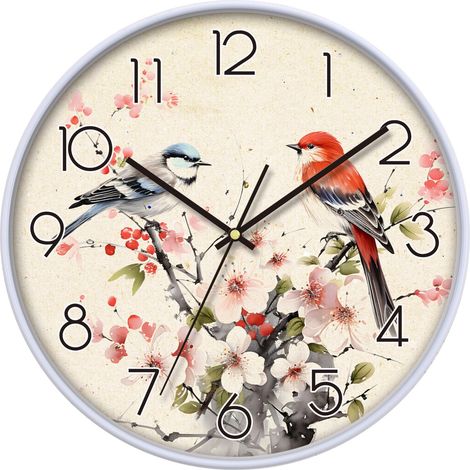 Horloge murale décorative avec oiseaux et fleurs de cerisier - 30 cm - Design vintage - Pour cuisine, chambre à coucher, salon, bureau (1/5)