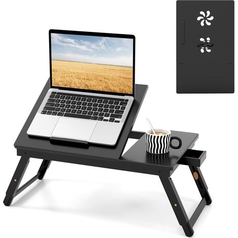 COSTWAY Bandeja Cama de Bambú Portátil, Mesa Cama Altura Ajustable, Tablero Inclinable, Cajón de Almacenamiento, Mesa Plegbale para Ordenador 53 x 33 x 20-26,5 cm (café) (1/5)