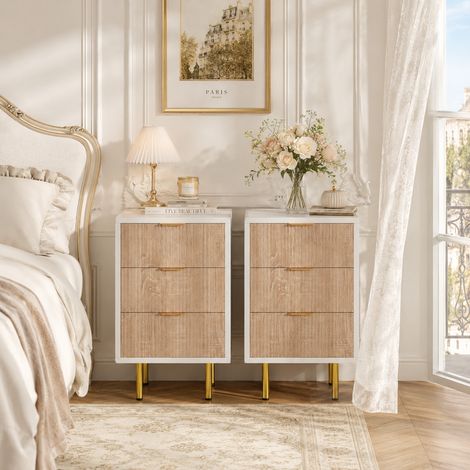 Lot de 2 Table de chevet en blanc 40 x 40 x 65 - 3 titors - Motif bois à rayures verticales - Poignées et pieds en métal - Style rustique - Salon/chambre (1/5)