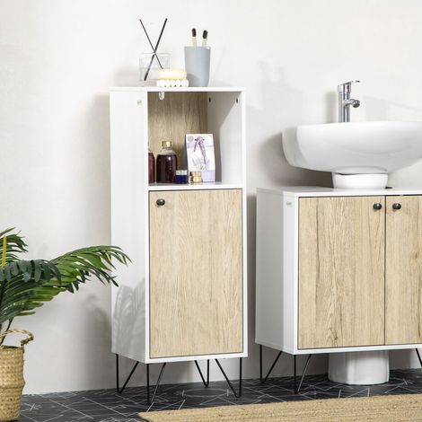 Mobile Bagno con Ripiano Aperto e Armadietto con Anta, Mobiletto Multiuso Salvaspazio in Legno, 31.5x30x91cm, Quercia e Bianco (1/5)