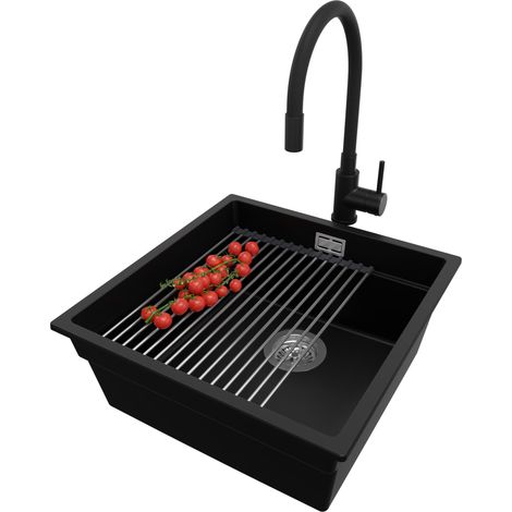 PRIMAGRAN Evier Cuisine en Granit 46x47cm, Lavabo 1 bac + Robinet 40x38cm + Kit de Vidage + Accessoire, Évier à Encastrer au meuble 50cm - Prague Slim, Noir (1/5)