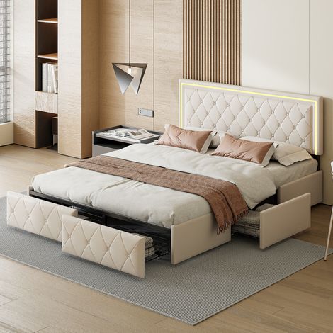 Cama baúl 160x200 con somier, Cama led 160 x 200, Cama baúl 160x200 con somier en PU beige con iluminación LED, 4 cajones y diseño moderno