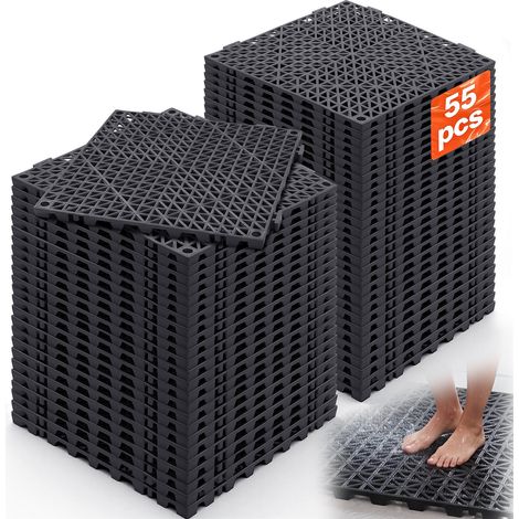 Lot de 55 Dalles de Jardin Piscine 30x30x1,5 cm Noir Dalle Clipsable Ajourée Antidérapante en PVC Drainage Rapide Revêtements de Sol Extérieur Intérieur pour Terrasse Cuisine Spa Salle de Bain (1/5)