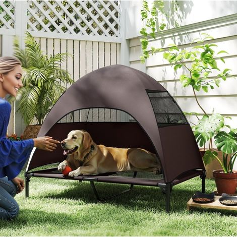 Lit surélevé pour chien extérieur 106x76x99 cm polyester marron avec toit, stable – MEUBLIV (1/5)
