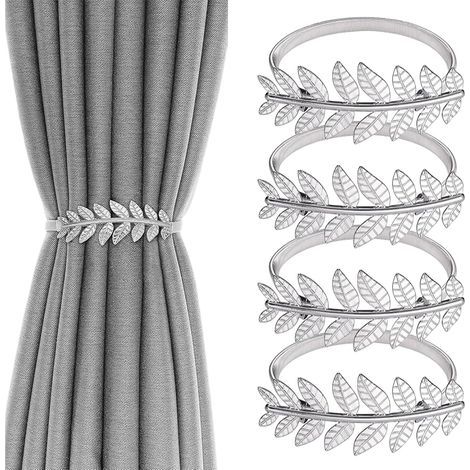 4 Pcs Embrasses de Rideaux, Attache Rideaux Fenetre Pince Cordes à Pinces à Rideaux, Embrasses à Rideaux Réglables, Argenté Feuilles Sangle de Décoration de Rideau pour Maison Bureau Hôtel