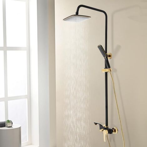 Duschsystem Höhenverstellbar mit Thermostat Edelstahl Messing Regendusche Handbrause Duscharmatur Komplettset Duschset mit Armatur, Duschgarnitur(Schwarz, Gold) (1/5)