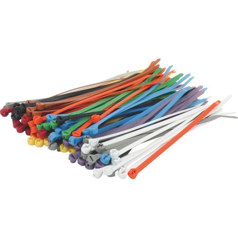 Assort.100 colliers couliss. tyrap - l'unité 4.8x186mm couleurs