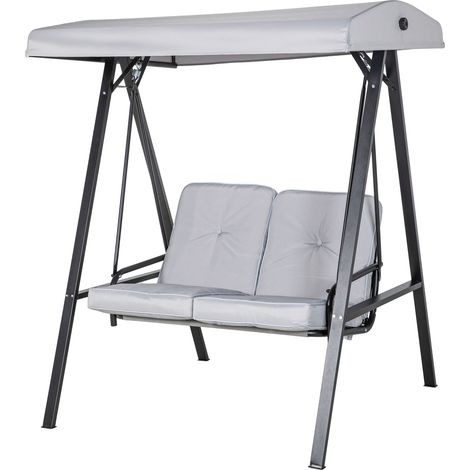 Balançoire Hollywood 2 places avec auvent réglable, balancelle de jardin grise, charge max 220 kg, 145 x 116 x 172 cm (1/5)