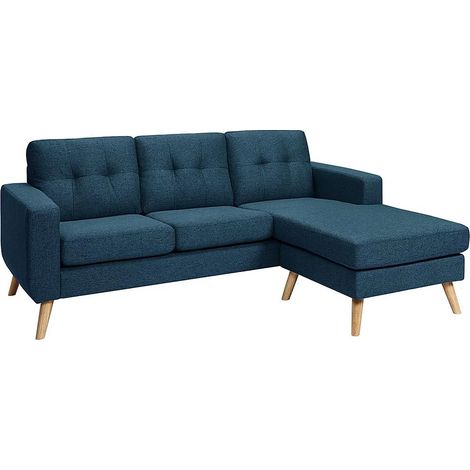 Vente-Unique – Canapé d'angle convertible 4 places réversible – Tissu 100% polyester bleu – Pieds en bois – Dimensions 198x160cm – Confort ferme (1/5)