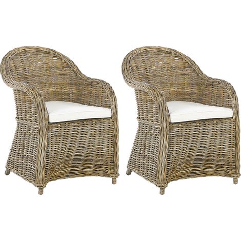 Conjunto de 2 sillas de jardín de ratán natural blanco crema cojín de asiento algodón interior Susua (1/5)