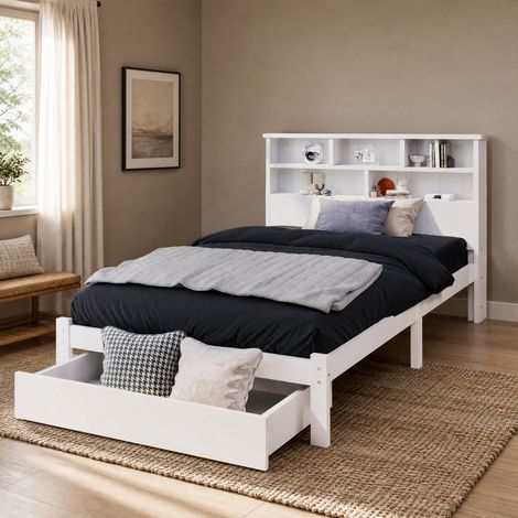 CHICFURN Letto singolo 90x200 cm in legno bianco con mensola, cassetti e contenitore (1/5)