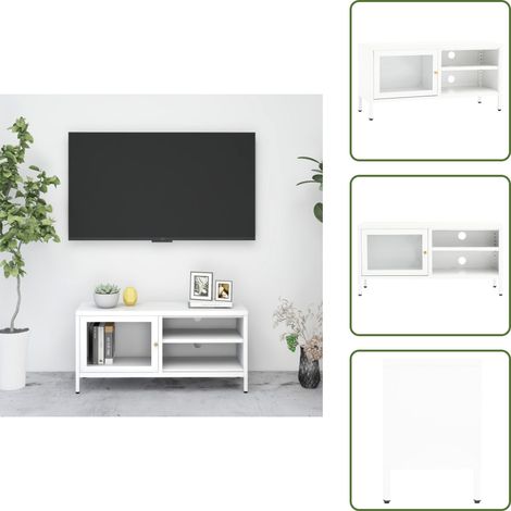 The Living Store Mobile TV Bianco 90x30x44 cm in Acciaio e Vetro - TV in acciaio