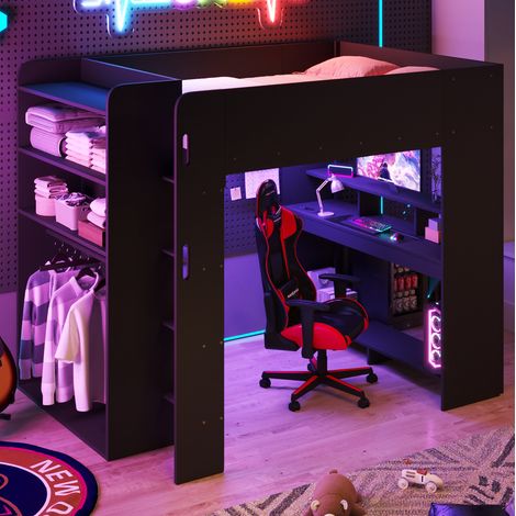 Letto a soppalco gamer 140x200 cm con scrivania, vano contenitore, LED e armadio aperto, struttura in legno nero (1/5)