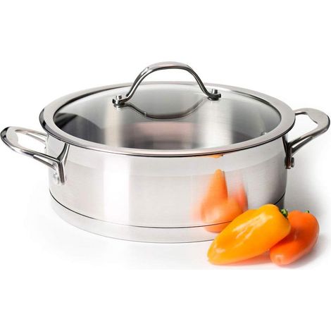Professional Steel - Petite Braisière Marmite Faitout Bas - 24 cm / 3,6L - INOX 18 10 Compatible Induction - Couvercle Verre Trempé - Poignées INOX Isolantes (1/5)