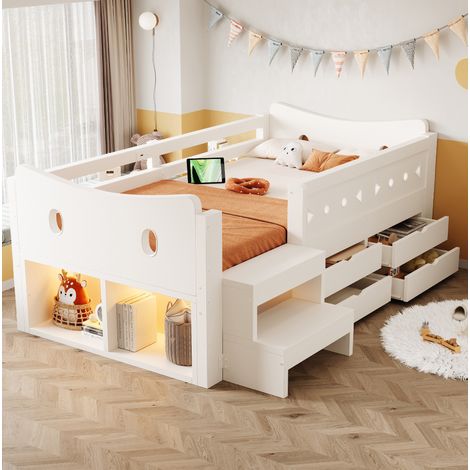 Kinderbett 90x200 cm mit Stauraum, LED, USB und Typ-C, Weiß OKMYHOME (1/5)