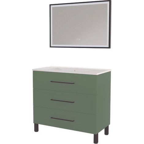 ONDEE ZEN - Meuble à poser MONACO - Dim 90cm - Vert Sauge - Mir SELENA - Poignées noires (1/3)