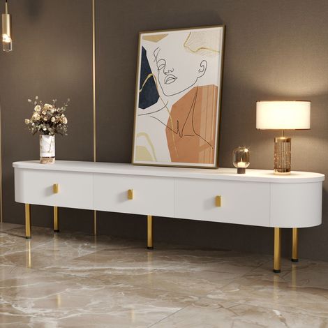 Meuble TV avec 3 Tiroirs, Poignées et Pieds Dorés, Coins Arrondis, Finition Laquée, en MDF, 174×35×41 cm, Blanc (1/5)