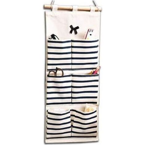 UlisemSac de rangement suspendu à rayures, panier de rangement, pochette de rangement, sac organisateur mural en tissu, bleu