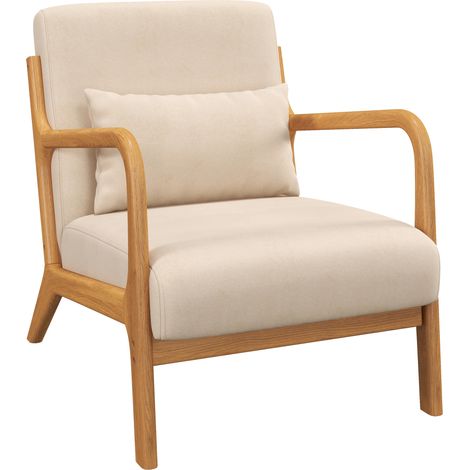 Fauteuil lounge 3 coussins inclus assise profonde accoudoirs structure bois hévéa velours beige